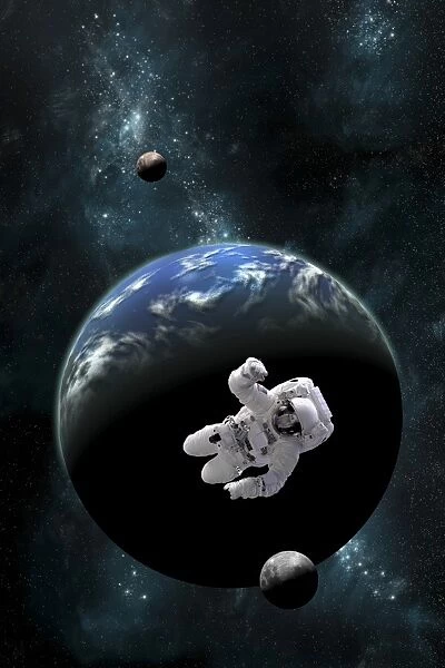 An astronaut floating in front of a water covered world with two moons