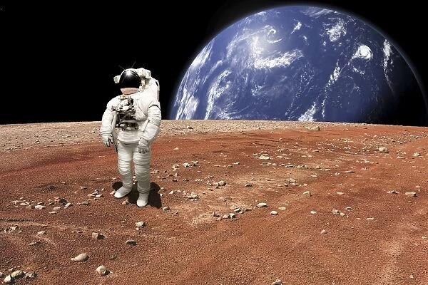 An astronaut standing on a barren world with planet rising in background