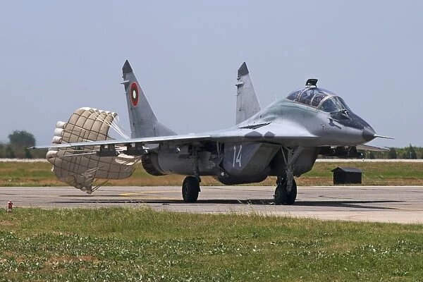 A Bulgarian Air Force MiG-29UB Fulcrum with drag chute deployed