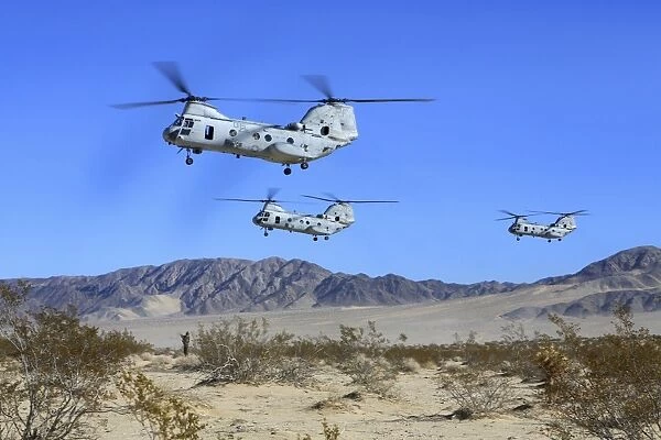 CH-46E Sea Knight transport helicopters fly over Camp Wilson