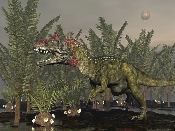 Cryolophosaurus dinosaur in prehistoric wetlands