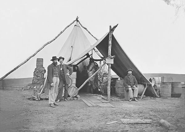 Dressed beef hanging in tent during American Civil War