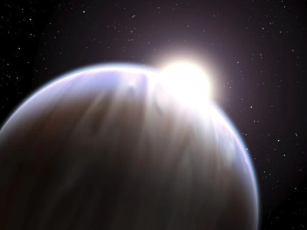 An extrasolar planet with its parent star peeking above its top edge