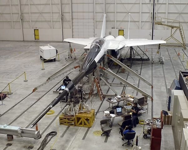 An F-15B testbed aircraft undergoes ground vibration testing