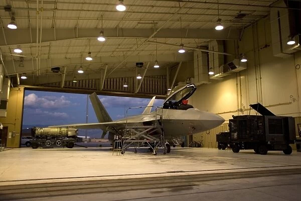 An F-22 Raptor parked in the hangar at Holloman Air Force Base