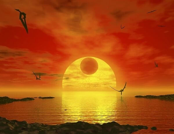 Flying life forms grace the crimson skies of the earth-like extrasolar planet Gliese