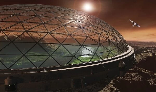Futuristic concept of Gale Crater enclosed in a protective dome to create an ecosphere