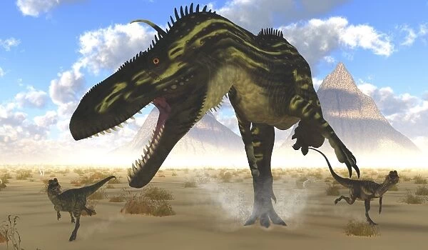 A gigantic Torvosaurus chasing two Dilophosaurus
