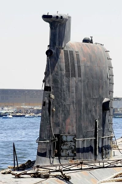 A Libyan Navy Foxtrot-class military submarine moored to the pier in Benghazi, Libya