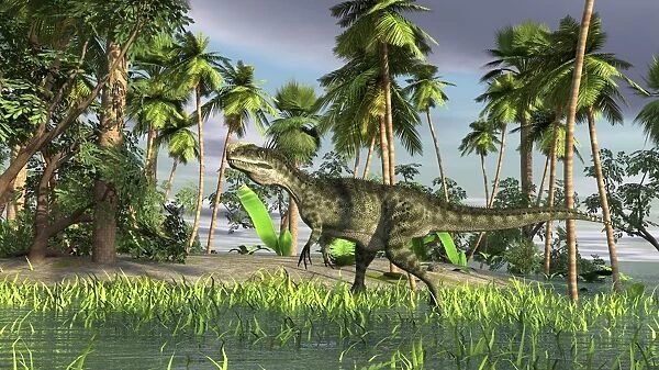 Monolophosaurus walking through shallow water