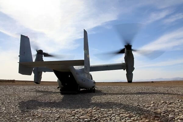 An MV-22 Osprey sits outside a forward operating base in Afghanistan