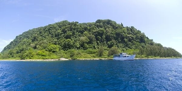 MV Spirit of Solomons moored in front of Mary Island, Solomons