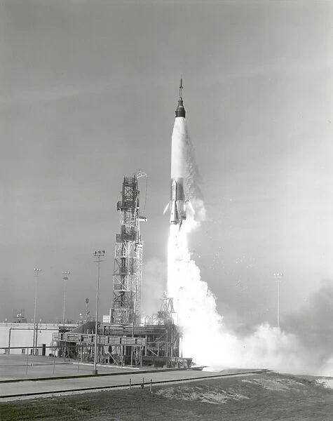 A NASA Project Mercury spacecraft is test launched from Cape Canaveral, Florida