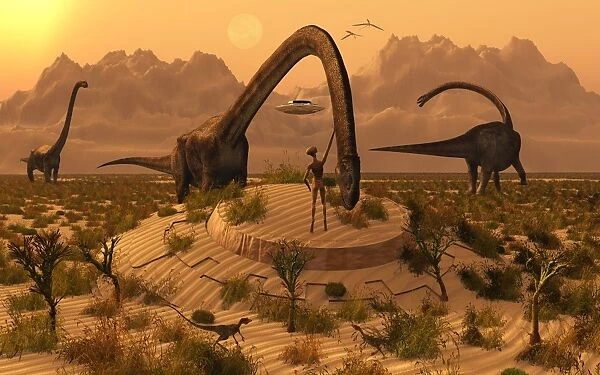 Omeisaurus dinosaurs communicating with alien reptoid beings