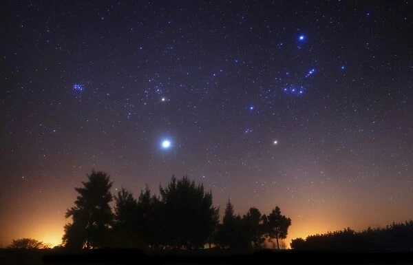 The Pleiades, Taurus and Orion with Jupiter over Doyle, Argentina