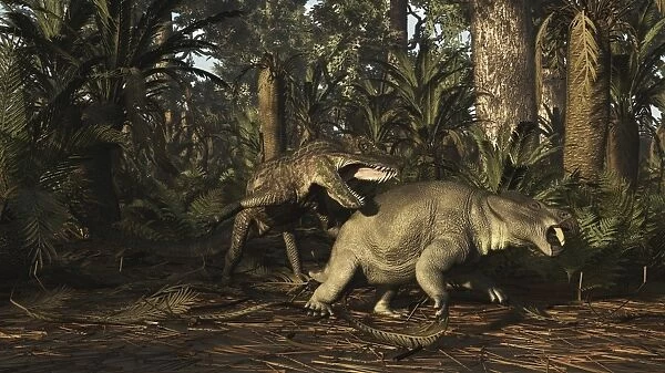 Postosuchus attacking a dicynodont in a Triassic forest
