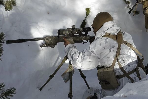 A scout sniper prepares his shot on target using a sniper rifle