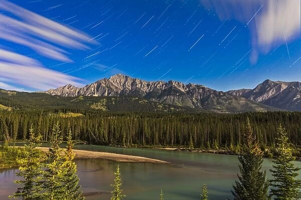 Star trails above the Front Ranges in Banff National Park, Alberta, Canada