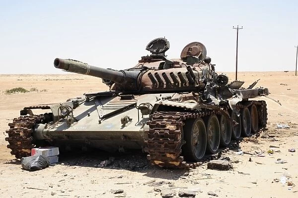 A T-72 tank destroyed by NATO forces in the desert north of Ajadabiya, Libya