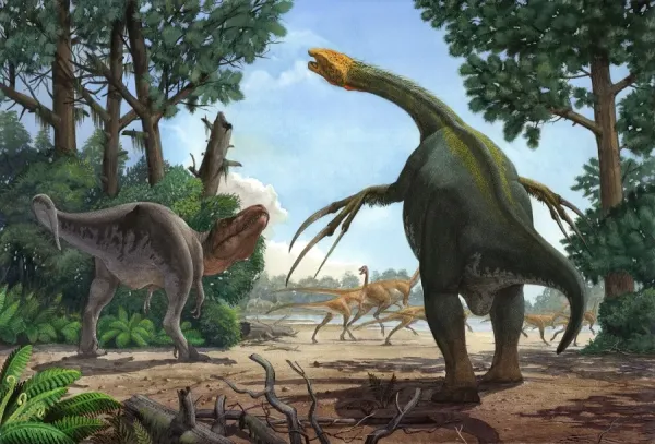 A Therizinosaurus prevents a young Tarbosaurus in his hunt