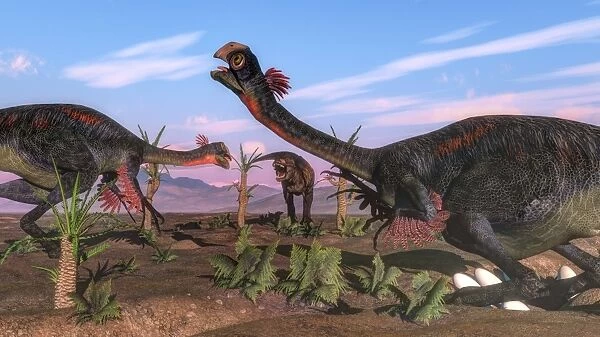 Tyrannosaurus rex attacking Gigantoraptors and their eggs