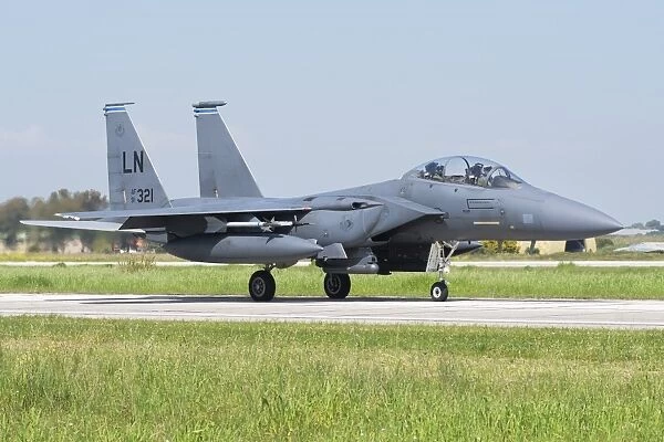 A U. S. Air Forces in Europe F-15E Strike Eagle on the runway in Andravida, Greece