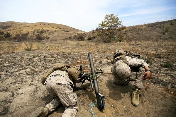 U. S. Marines fire mortars at Camp Pendleton, California