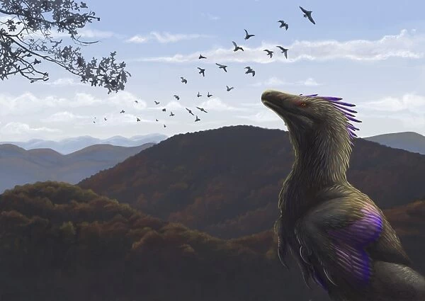 Velociraptor in an autumn landscape