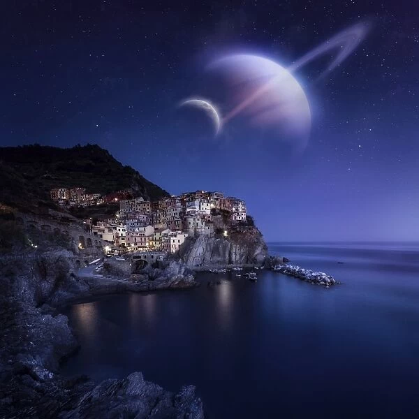 View of Manarola on a starry night with planets, Northern Italy