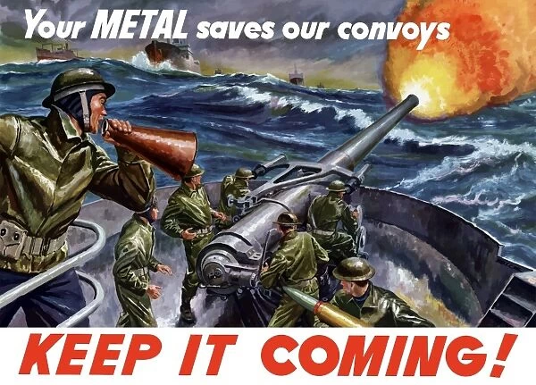 Vintage World War II poster of ships at sea firing artillery rounds