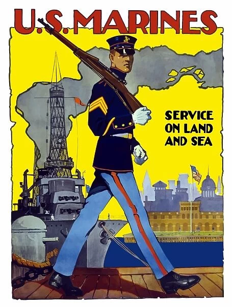 World War II poster of a U. S. Marine marching along a dock
