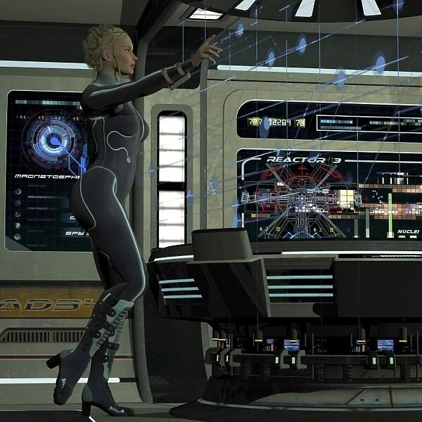 A young woman operating a holographic control center