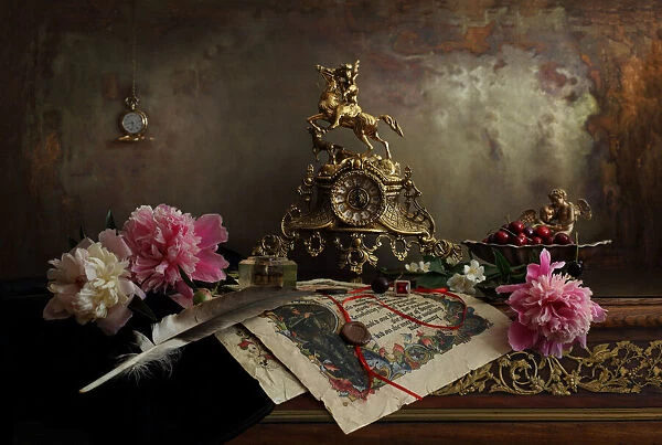 Still life with clock and peonies