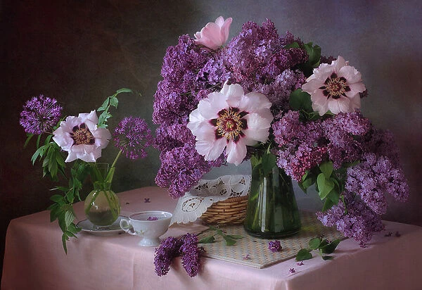 Still life with lilac and peonies