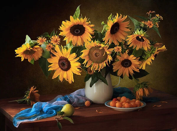 Still life with sunflowers and yellow plums