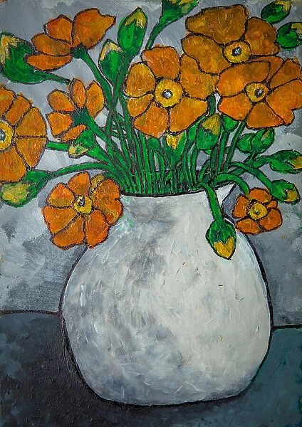 Orange Flowers In White Vase