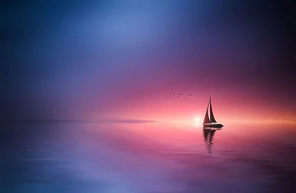 Sailing across the lake toward the sunset