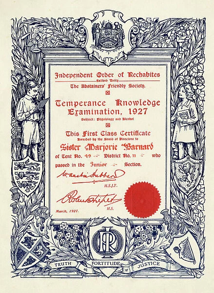 Independent Order of Rechabites, Temperance Knowledge Examination, certificate awarded to Sister Marjorie Barnard, 1937
