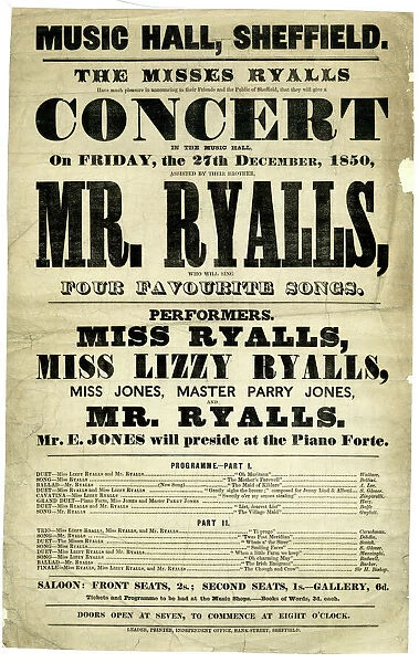 Music Hall, Sheffield, The Misses Ryalls have much pleasure in announcing to their friends and the public of Sheffield, that they will give a convert in the Music Hall