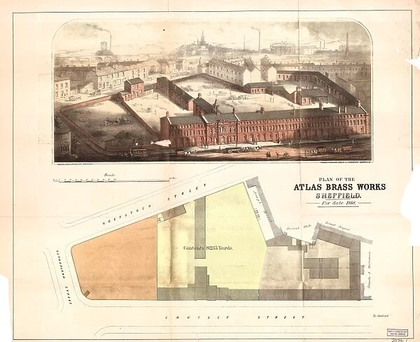 Plan and perspective of B Vickers and Co. Brass Founders Atlas Brass Works, Saville Street East  /  Greystock Street, Sheffield