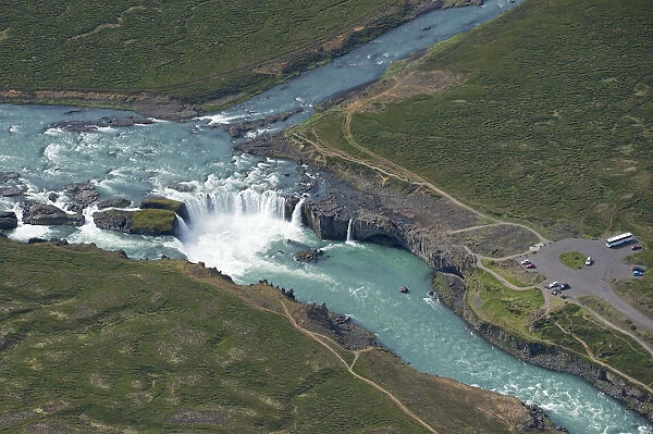 Aerial view of Godafoss waterfall on the Skjalfandafljot River, Northern Iceland