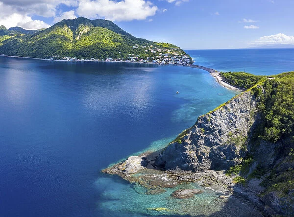 Aerial view of Scotts Head, Dominica, West Indies. On left side is Caribbean Sea