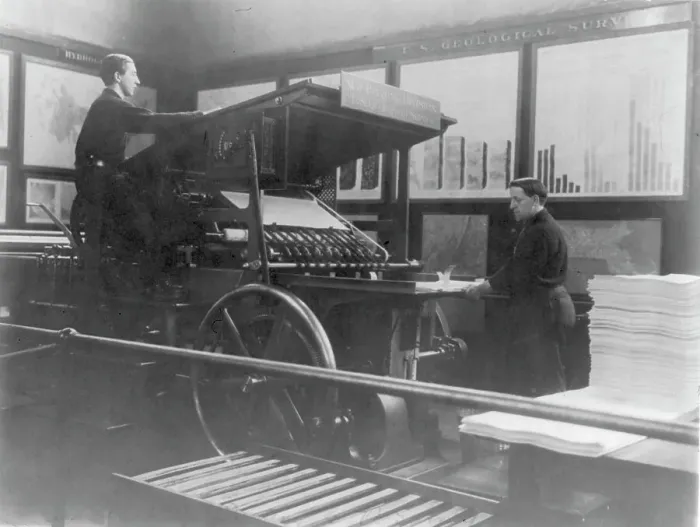 Framed Print : Two men operate a map printing press at the U.S. Geological Survey Print