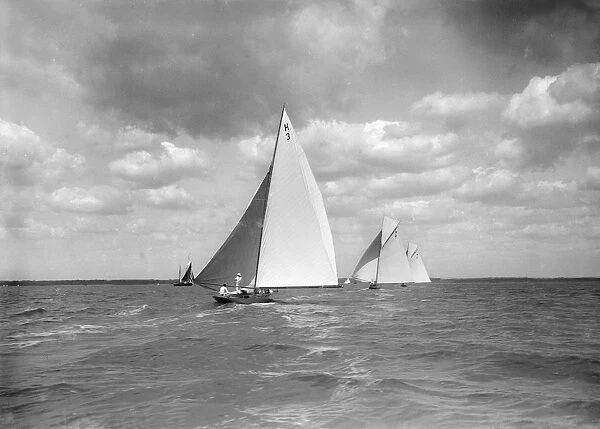 The 8 Metre class Verbena. Termagent and Windflower race downwind, 1911