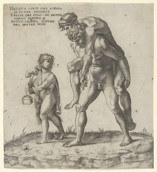 Aeneas rescuing Anchises, a young boy carrying a lantern at left, ca. 1525., ca. 1525