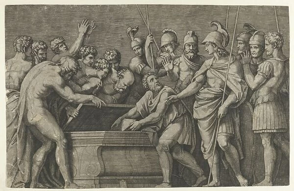 Alexander the Great commanding that the work of Homer be placed in the tomb of Ac... ca. 1500-1534. Creator: Marcantonio Raimondi