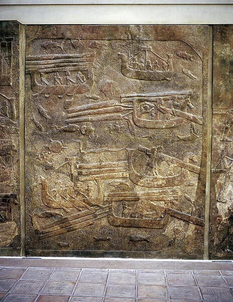 Assyrian relief showing transport of timber from Lebanon by water, Khorsabad, c8th centBC