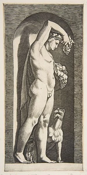 Bacchus standing in a niche holding grapes in his raised right hand, fruit in his l