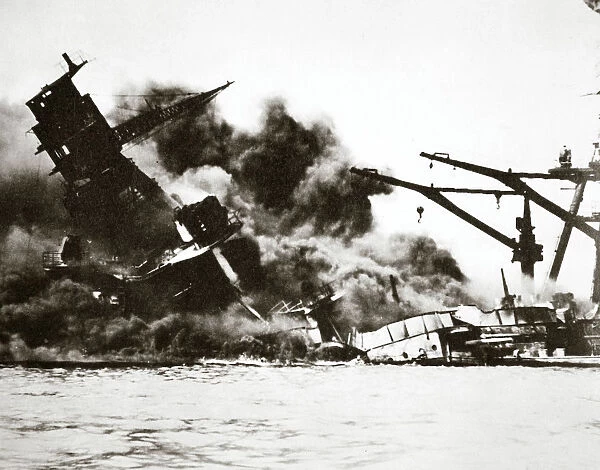 Battleship USS Arizona (BB-39) sinking during the attack on Pearl Harbour, 1941