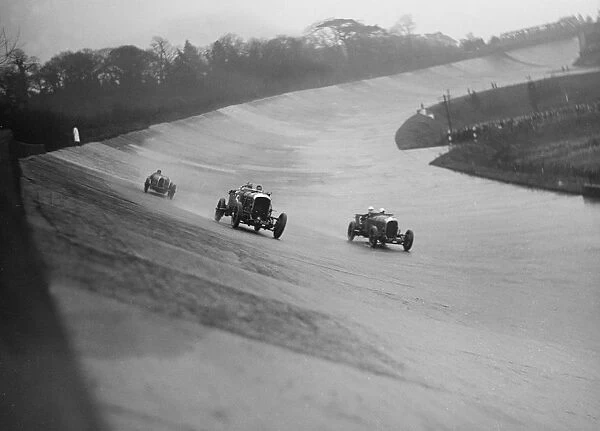 Bentleys of Eddie Hall and RO Williams and a Bugatti, BARC meeting, Brooklands, Surrey